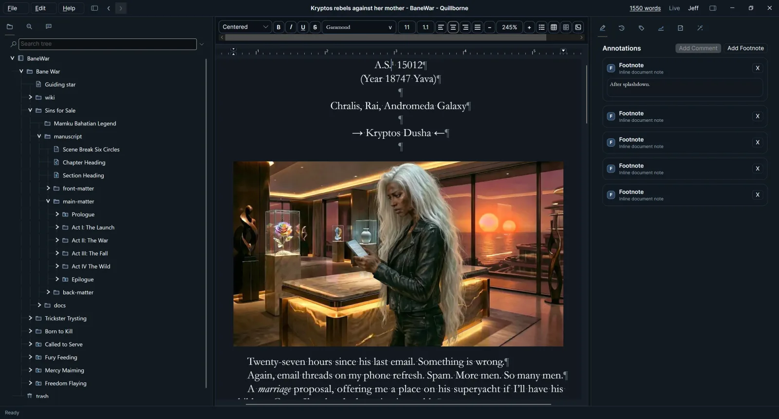 The Quillborne editor: a manuscript tree on the left, formatted prose with an inline image in the center, and the annotations panel on the right.